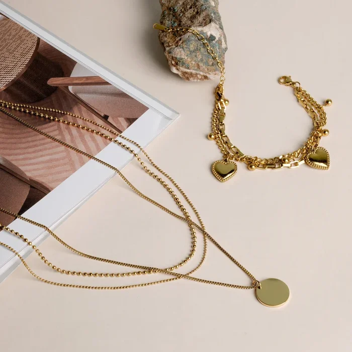 Hearts All Over Bracelet & Round Belle Three Layer Necklace Jewellery Set