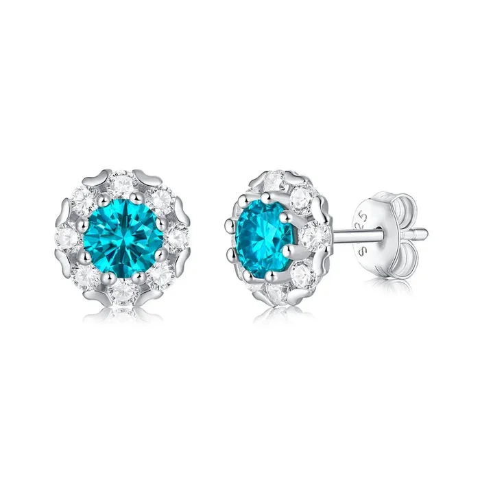 Helène Moissanite & Blue Topaz Round Halo Stud Earrings