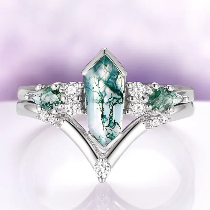 Hexagon Coffin Green Moss Agate Engagement Ring Set in 14K White Gold