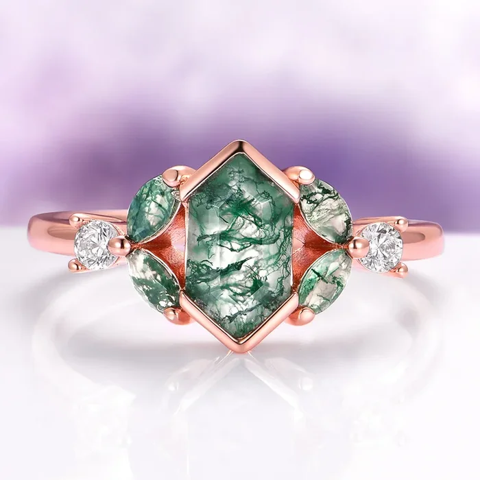 Hexagon Moss Agate Leaf Engagement Ring in 14K Solid Rose Gold
