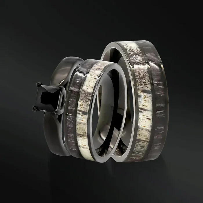 His & Her Deer Antler Wedding Rings Black Koa Wood Ring Set