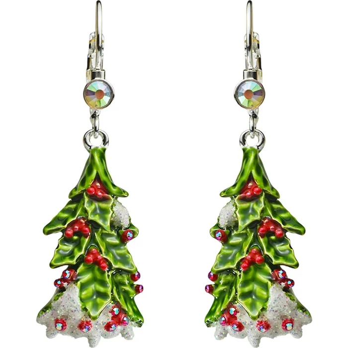 Holiday Holly Berry Tree Leverback Earrings (Sterling Silvertone)