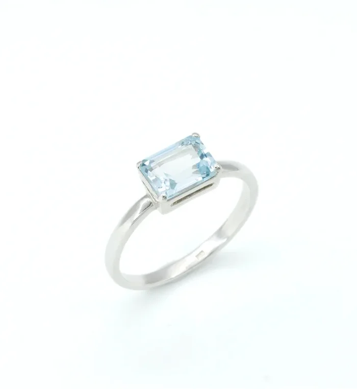 Horizontal Square Blue Topaz Solitaire Ring in Silver