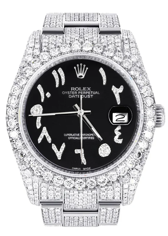 Iced Out Rolex Datejust 36 MM | Stainless Steel | 10 Carats of Diamonds | Black Arabic Diamond Dial | Oyster Band
