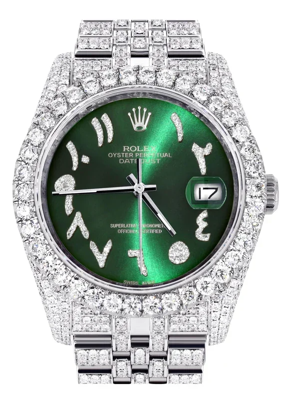 Iced Out Rolex Datejust 36 MM | Stainless Steel | 16.5 Carats of Diamonds | Green Arabic Diamond Dial | Jubilee Band | Model 116200