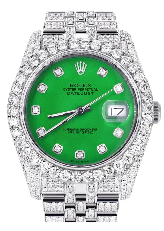 Iced Out Rolex Datejust 36 MM | Stainless Steel | 16.5 Carats of Diamonds | Green Diamond Dial | Jubilee Band | Model 116200