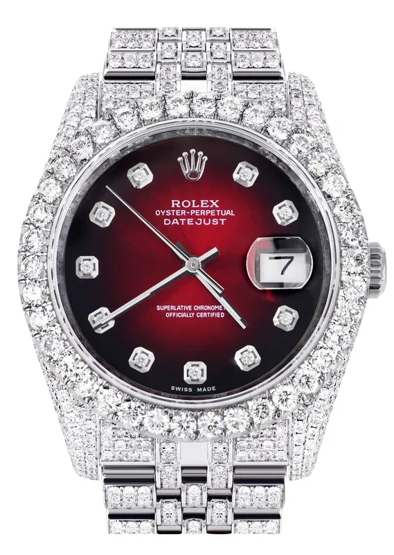 Iced Out Rolex Datejust 36 MM | Stainless Steel | 16.5 Carats of Diamonds | Red Black Diamond Dial | Jubilee Band | Model 116200