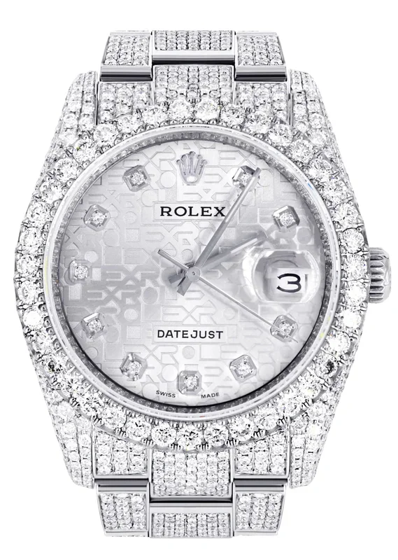 Iced Out Rolex Datejust 36 MM | Stainless Steel | 16.5 Carats of Diamonds | Silver Texture Diamond Dial | Oyster Band | Model 116200