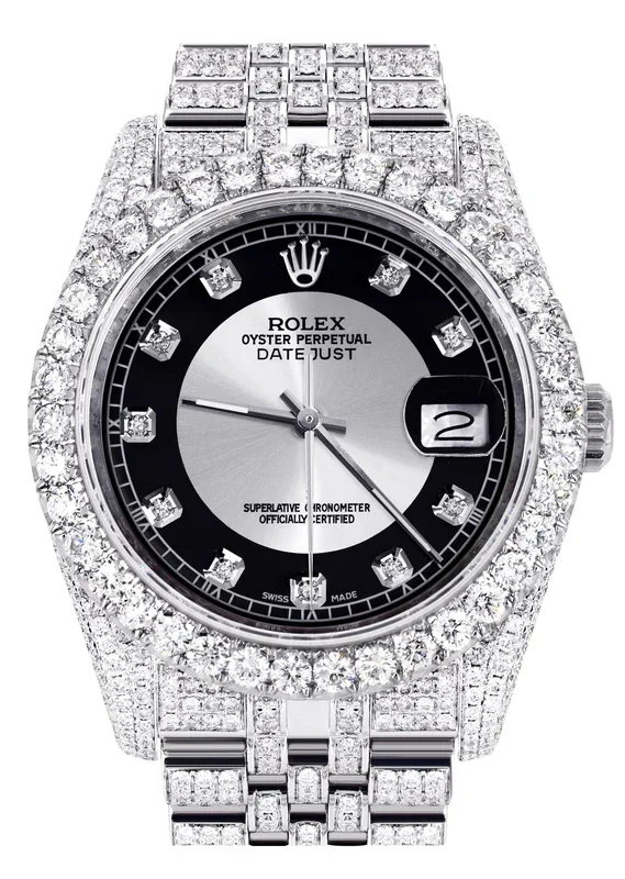 Iced Out Rolex Datejust 36 MM | Stainless Steel | 16.5 Carats of Diamonds | Tuxedo Diamond Dial | Jubilee Band | Model 116200