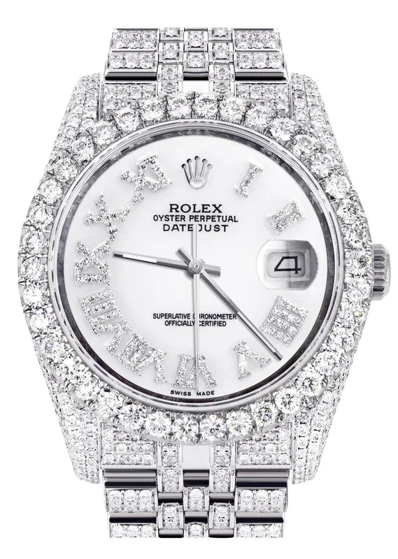 Iced Out Rolex Datejust 36 MM | Stainless Steel | 16.5 Carats of Diamonds | White Roman Diamond Dial | Jubilee Band | Model 116200