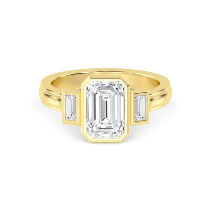 IGI Graded 2ct Emerald Cut & Baguette Cut Lab-Grown Diamond 3-Stone Bezel-Set Engagement Ring 14k Gold
