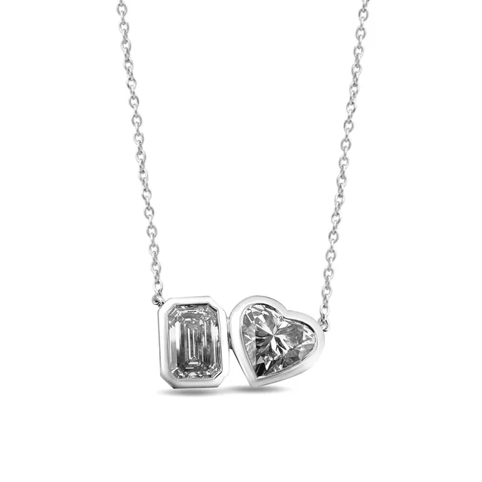 IGI Graded 3.59ctw Heart & Emerald Cut Lab-Grown Diamond Toi et Moi Pendant Necklace in 14k White Gold