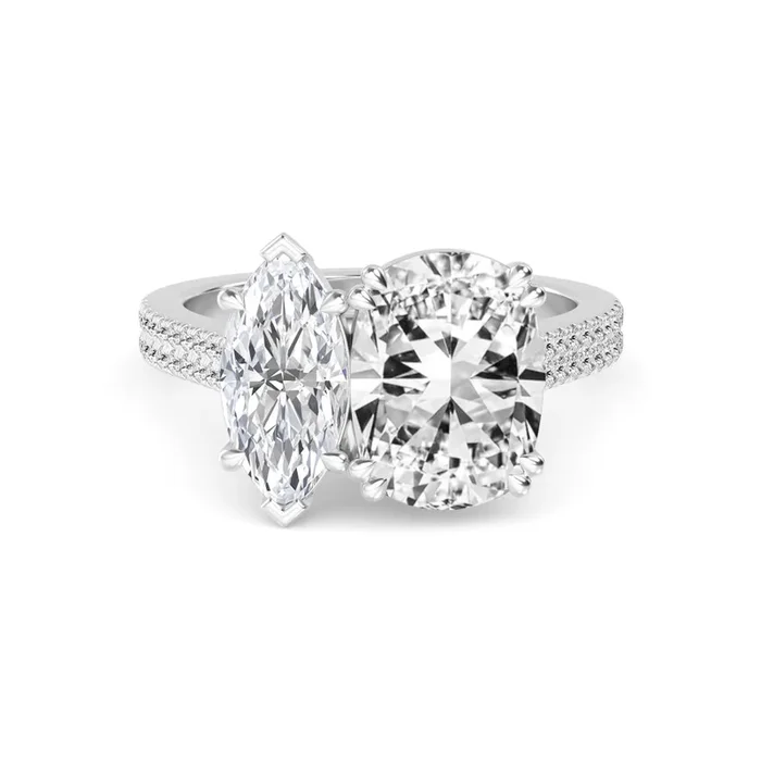 IGI Graded 5.77ctw Cushion & Marquise Cut with Round Brilliants Lab-Grown Diamond Toi et Moi Ring in 14k Gold