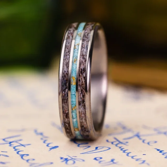 (In-Stock) Custom Men’s Titanium Ring with Elk Antler, Turquoise & Gold Flakes – Size 8.75 | 6mm Wide