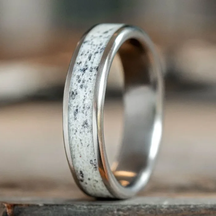 (In-Stock) Custom Men’s Titanium Ring with Wide Channel Naturally Shed Elk Antler Wood – Size 10.75 | 6mm Wide