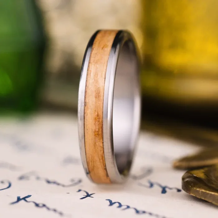 (In-Stock) The Angel’s Share | Men’s Titanium Wedding Band with Whiskey Barrel Wood – Size 12 | 6mm Wide