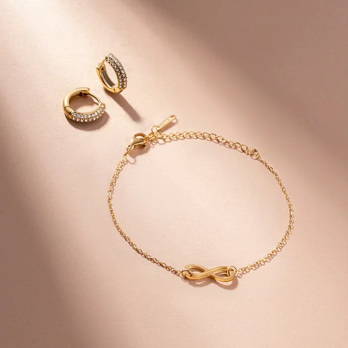 Infinity Charm Bracelet & Diamond Huggie Hoop Earrings Combo Set