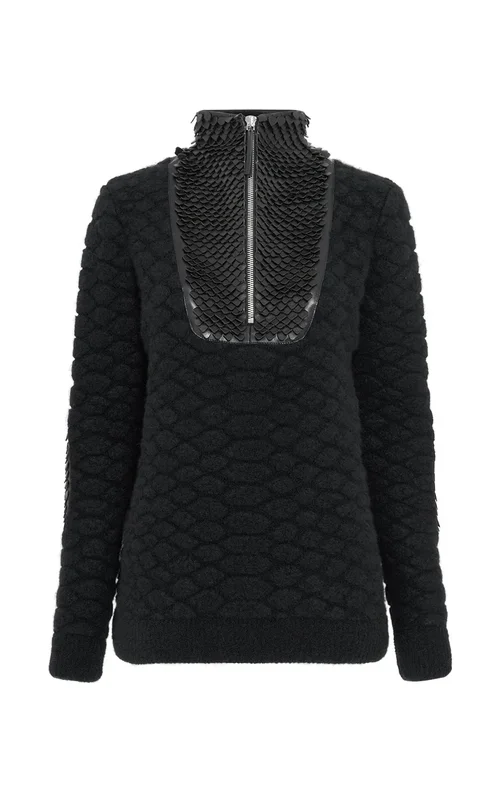 Isha Knit Mock Funnel Neck in Black Nappa Leather Snake Scales & Cashmere