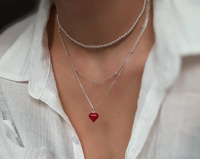 Italian 925 Sterling Silver Red Puff Heart Necklace, Red Heart Necklace, Dainty Necklace