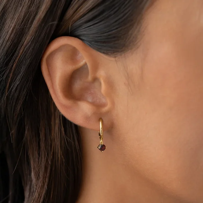 January Birthstone Drop Huggie Earrings – Garnet