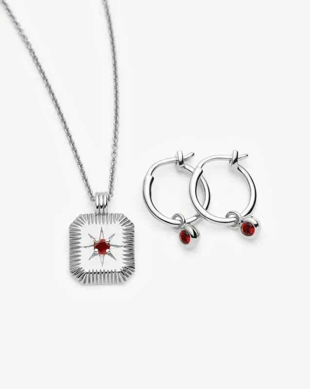 January Birthstone Necklace & Charm Earrings Set | Sterling Silver/Garnet