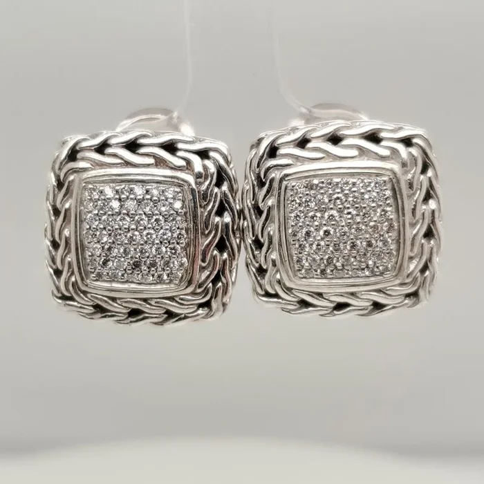 John Hardy Classic Chain Sterling Silver and Diamond Earrings