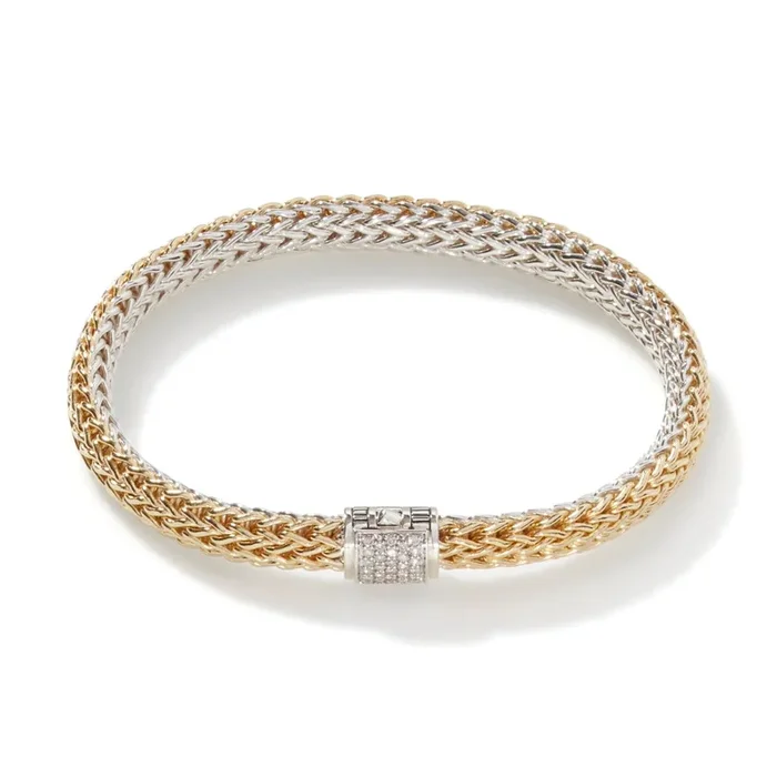 John Hardy Icon Diamond Reversible Bracelet in Sterling Silver and 18kt Yellow Gold (6.5mm)