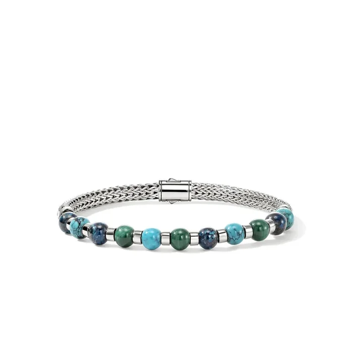John Hardy Mens Chrysocolla Malachite and Turquoise Bead Bracelet in Sterling Silver