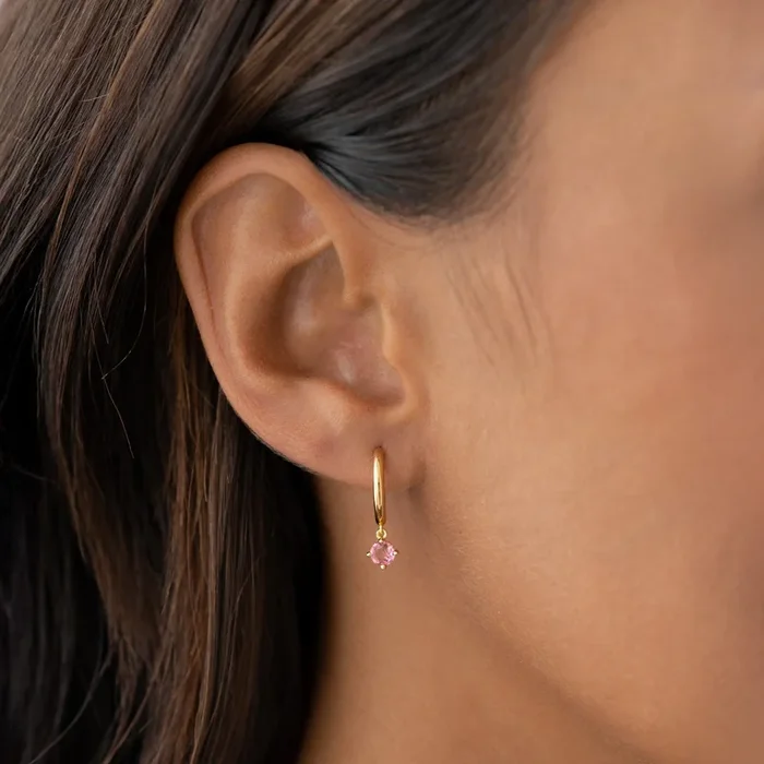 July Birthstone Drop Huggie Earrings – Pink Tourmaline