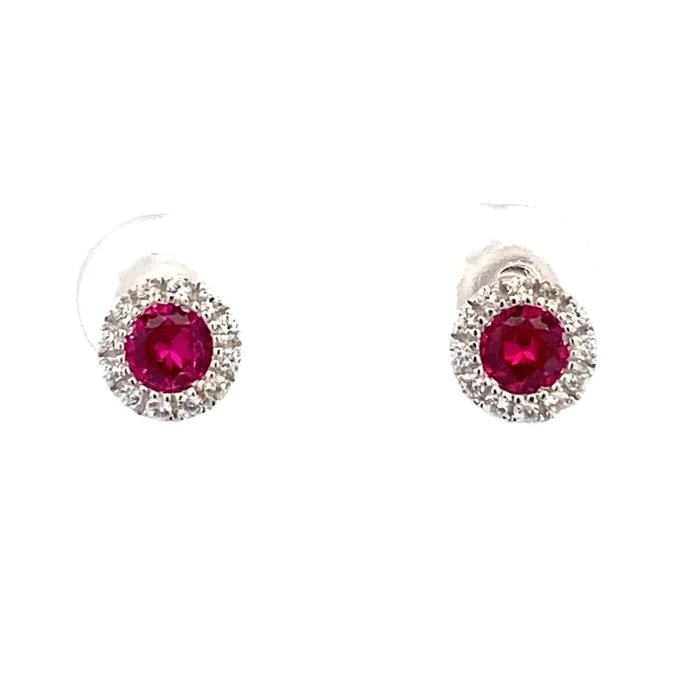 July Birthstone Earrings: Sterling Silver Lab Grown Ruby Halo Earrings