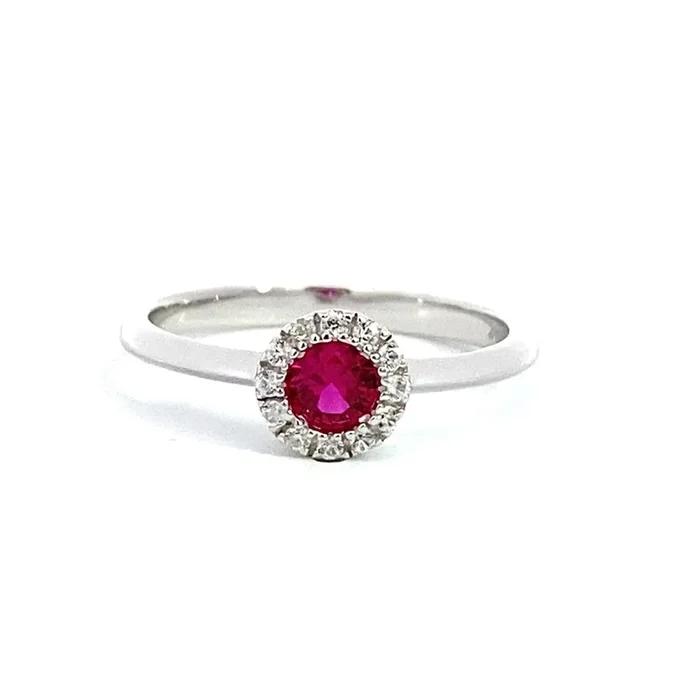 July Birthstone Ring: Sterling Silver Lab Grown Ruby Halo Ring