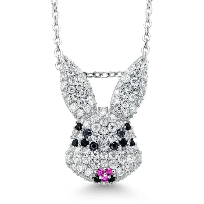 Keren Hanan 925 Sterling Silver Rabbit Bunny Animal Moissanite Created Ruby and Black Spinel Pendant Necklace For Women | 0.83 Cttw | 19X13MM | With 18-Inch Chain