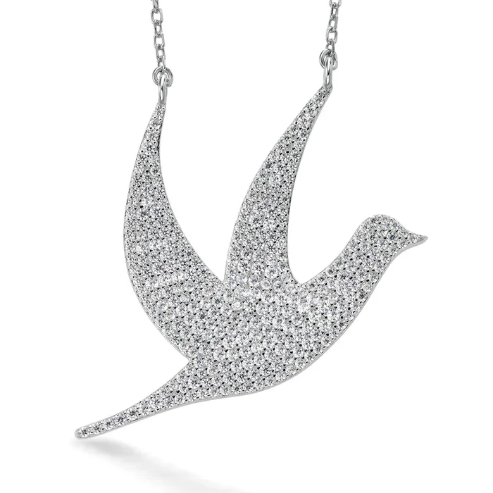 Keren Hanan Art 925 Sterling Silver Hope Dove Pendant Necklace For Women Pave Setting Limited Edition (1.75 Inch with 18 Inch Chain)