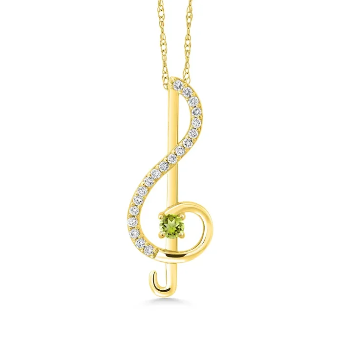 Keren Hanan Inspired by Music 10K Yellow Gold Lab Grown Diamond Treble Clef Pendant Necklace for Women with Chain Set with Green Peridot (0.27 cttw)