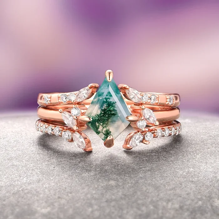 Kite Green Moss Agate Ring Set- 14K Rose Gold Vermeil (3-piece)