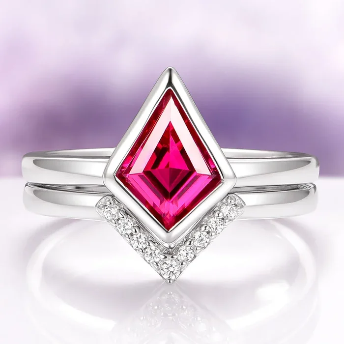 Kite Ruby Bezel Engagement Ring Set in 14K White Gold