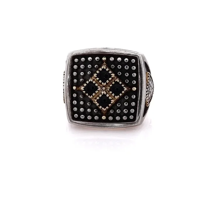 Konstantino Sterling Silver and 18 Karat Yellow Gold Beaded Top Onyx Ring