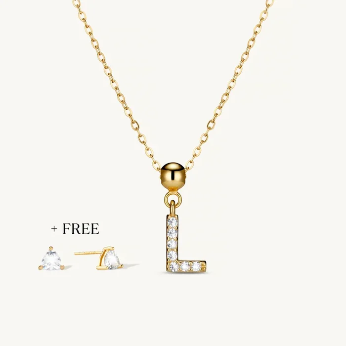 L Diamond Initial Charm Necklace + FREE Diamond Trio Studs Gold