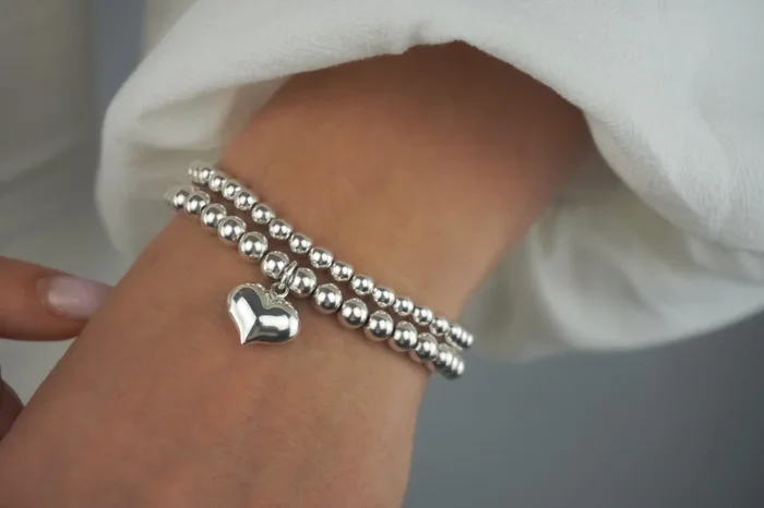 Large Puff Heart Charm Bracelet on 6mm, Sterling Silver Heart Charm Bracelet, 925 Sterling Silver Stretch Bracelet, Stacked Bracelets