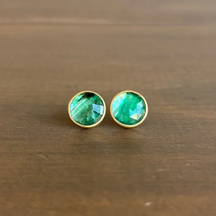 Large Round African Emerald Button Stud Earrings