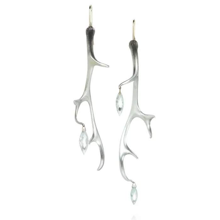 Large Silver Antler Earrings with Green Amethyst