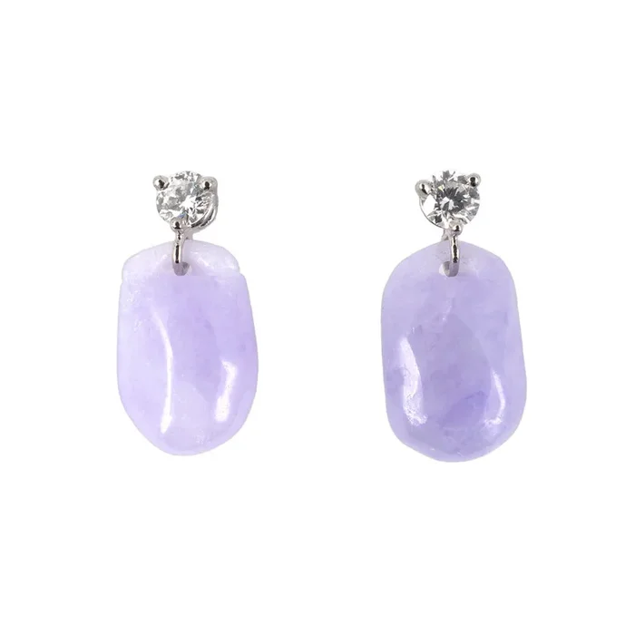 Lavender Jadeite & Diamond Briolette Dangle Drop Earrings