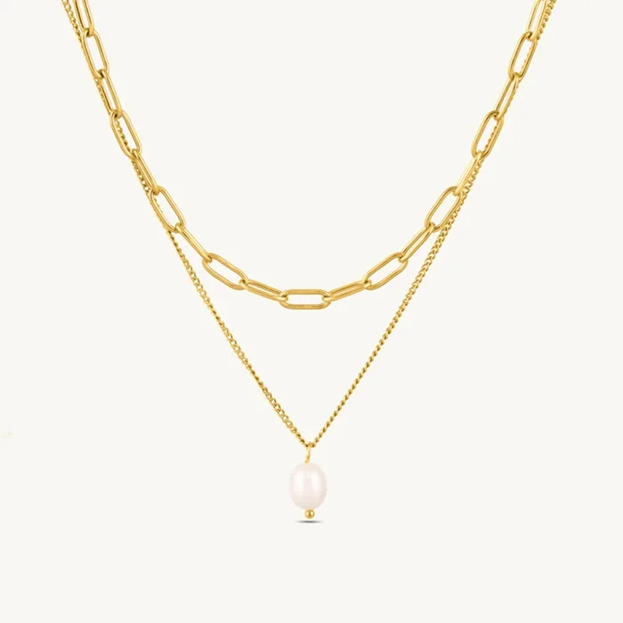 Layered Chain Necklace with Pearl Drop