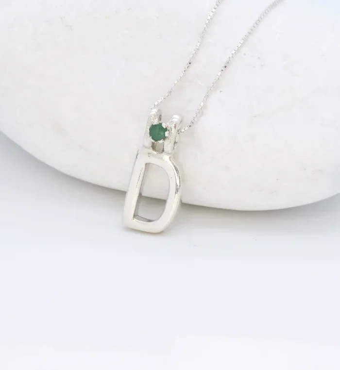 Letter “D” Initial Emerald Silver Pendant