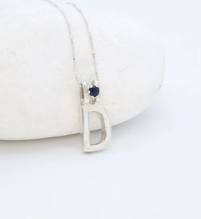 Letter “D” Natural Sapphire Pendant in Silver