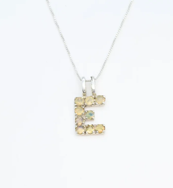 Letter “E” Initial Opal Pendant in Sterling Silver