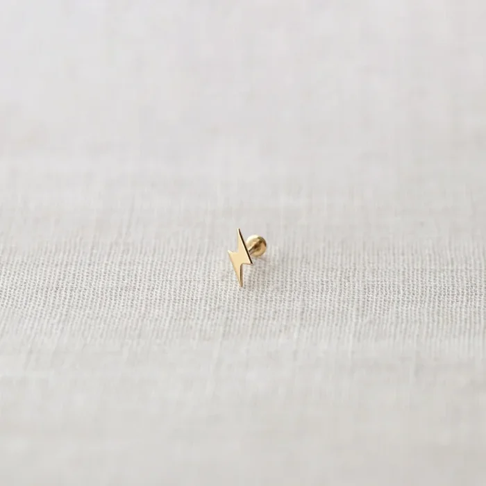 Lightning Bolt Flat Back Single Stud Earring in 14k Gold