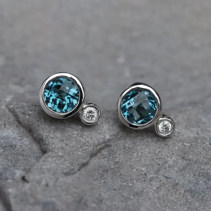 London Blue Topaz & Diamond Sidecar Stud Earrings in 14k White Gold