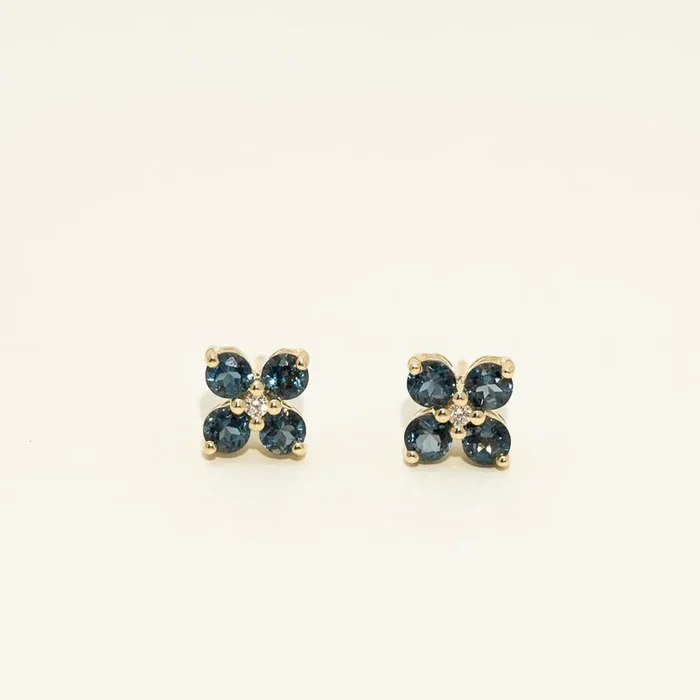 London Blue Topaz Flower Stud Earrings in 14kt Yellow Gold with Diamonds (.04ct tw)