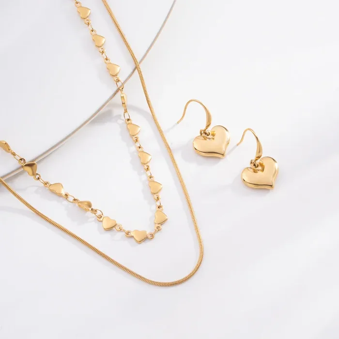 Love Embrace Two Layered Necklace & Dangling Heart Earrings Combo Set